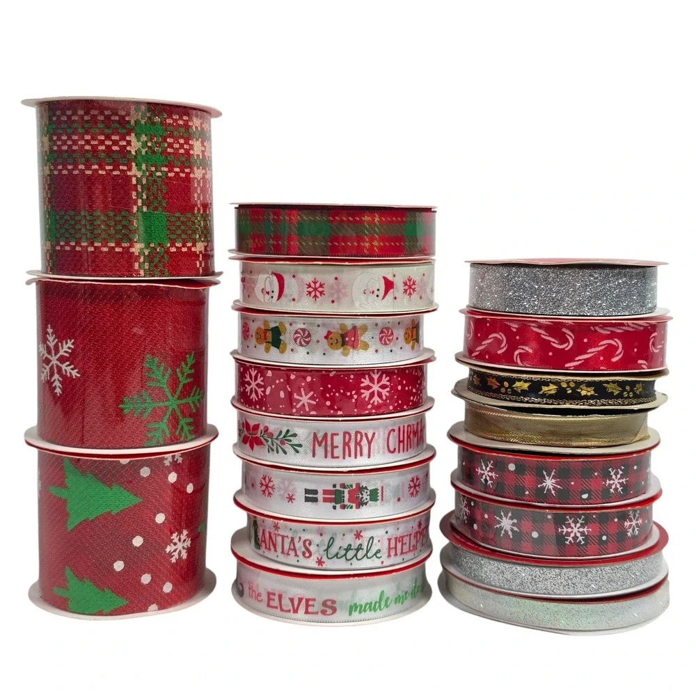 Christmas Unwired Ribbon Lot 19 Spools 88 Yds Holiday Gift Wrap Crafts Scrapbook